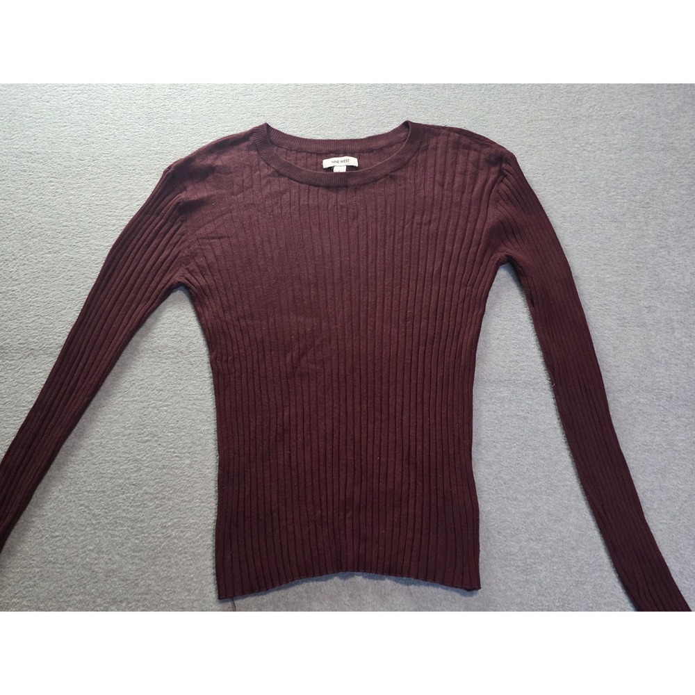 Nine West Ribbed Knit Sweater Womens L Burgundy Fitted Crew Neck Long Sleeve